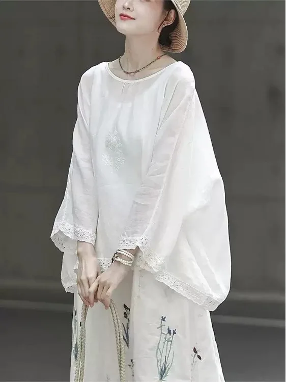 

Retro Lace Trim Linen Shirt Women Loose Belly Covering Summer Thin Cool Top Comfortable Fit round Neck Short Sleeve Casual Wear
