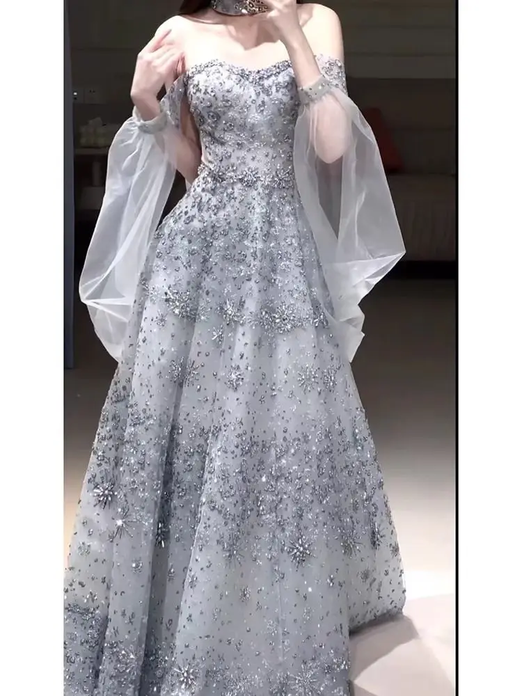 

iny Star One oulder Evening Gown Wedding Dr for Women New 2025 High Waist Floor Length Korean Sle Bridal Dr