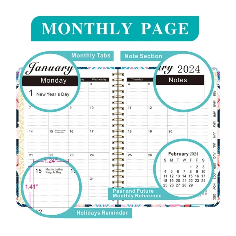 2024 Yearly Monthly Twin-Wire Binding Calendar, Wirebound Desk Calendar for Home Schooling Plan & Schedule Ruled Blocks