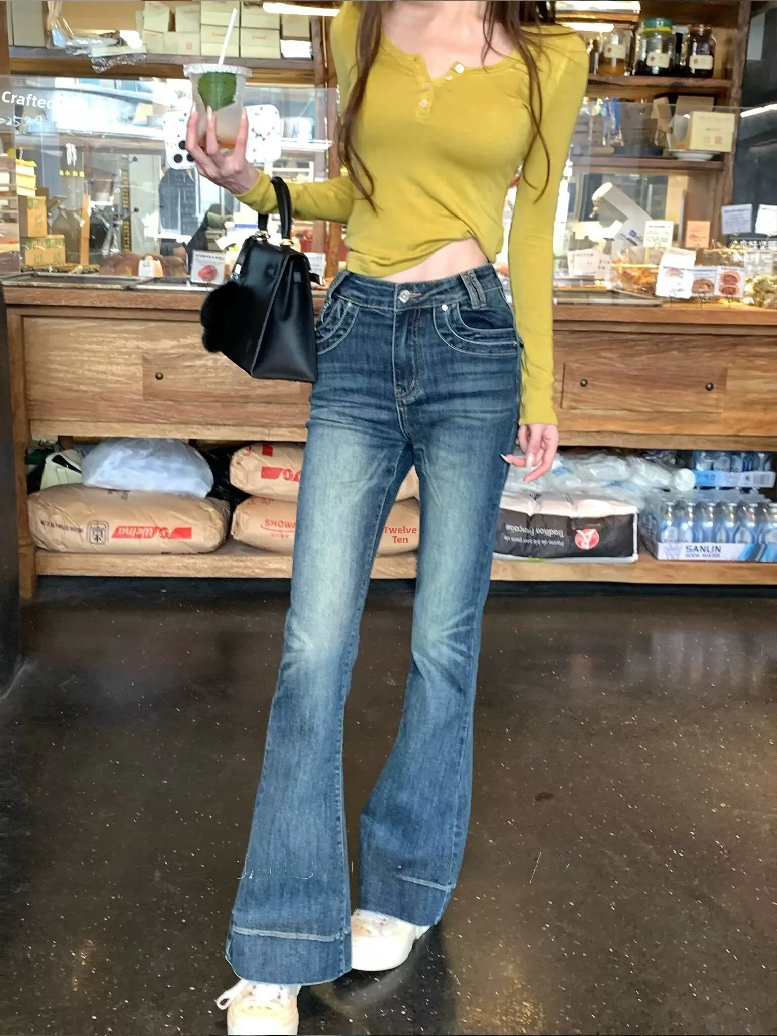 

Retro Waed Blue Denim Jeans Low Waist Bell Bot Women's Faion Slim Fit Cotton Stretch Denim orts Summer Autumn