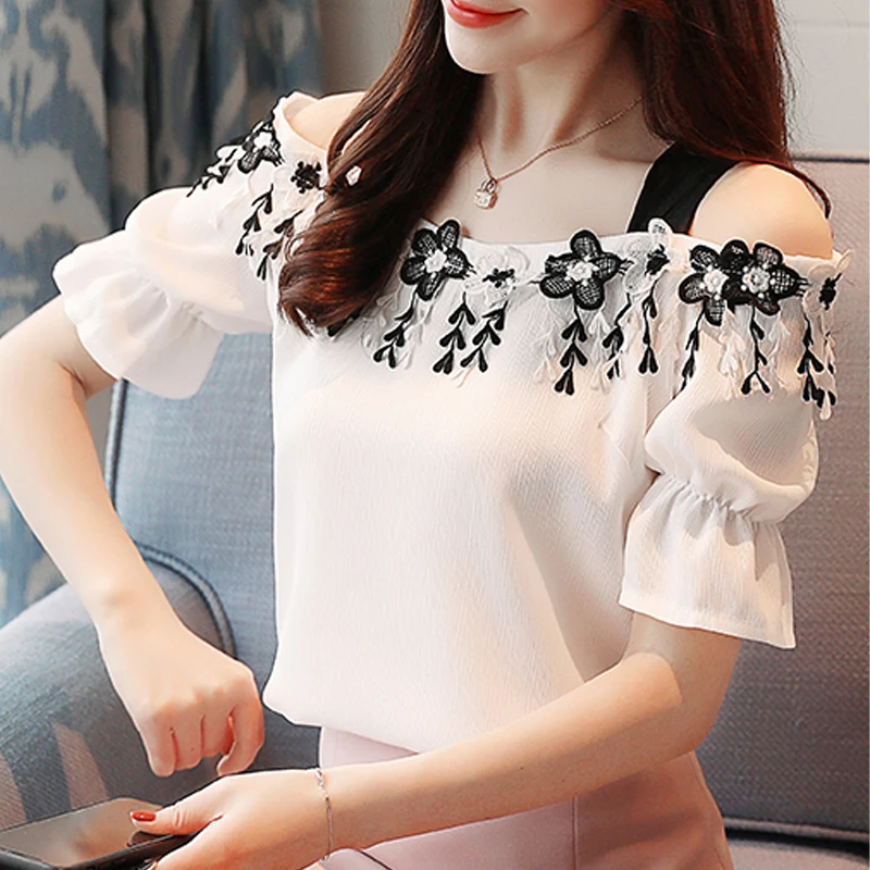 Womens Tops And Blouses Sexy Slash Neck Chiffon Blouse Shirt Off Shoulder Top Short Sleeve Summer Top Women Shirts Blusas B62