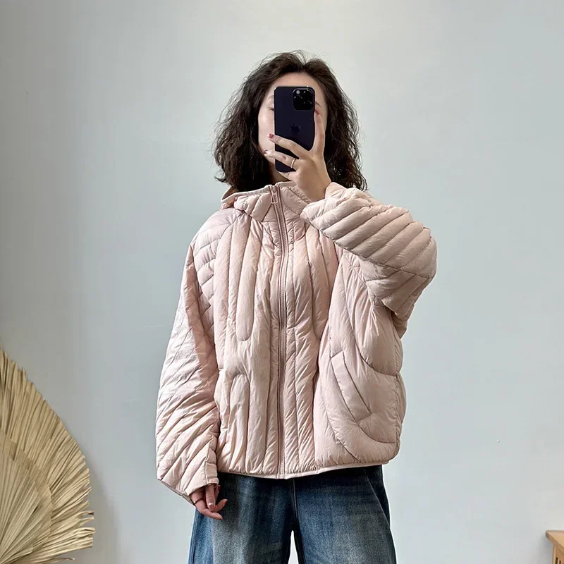 

Lightweight Short Down Jacket Coat Women Autumn and Winter Simple Pure Color Bow Loose Tops White Duck Down