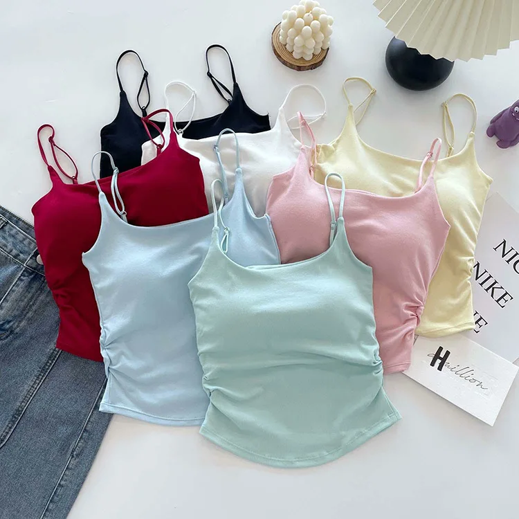 Women Pleated Camisole with Chest Cushion Spring Summer Adjustable Sleeveless Tops Sexy Sweet Slim Elastic Camis