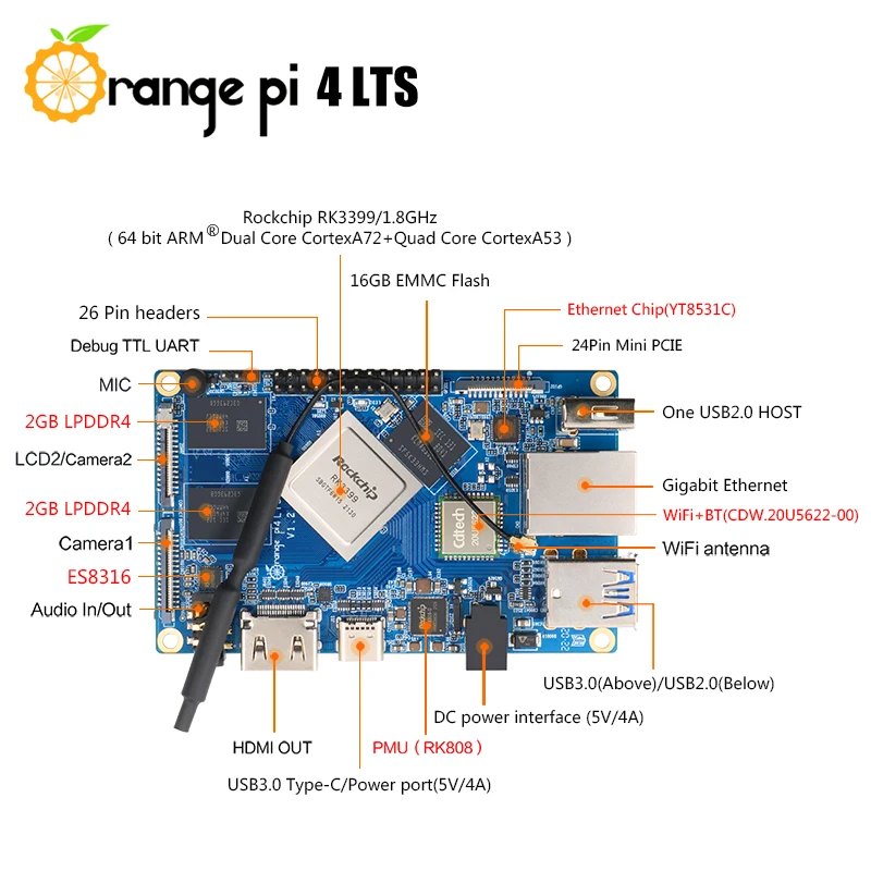 Orange Pi 4 LTS 4GB LPDDR4 RAM 16GB EMMC Development Board Rockchip RK3399,WiFi+BT5.0,Gigabit Ethernet,Android,Ubuntu,Debian OS