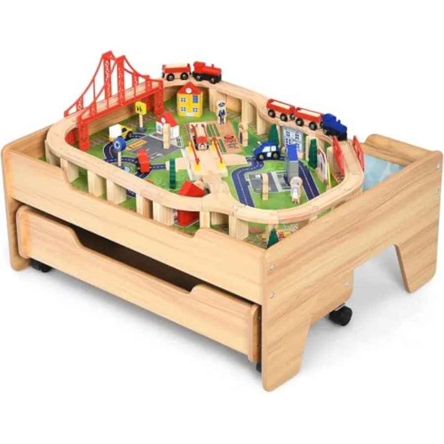 

Деревянный игровой стол-железная дорога с 100 разноцветными деталями, большим выдвижным ящиком для хранения, рельсами и машинками, конструктор для самостоятельной сборки