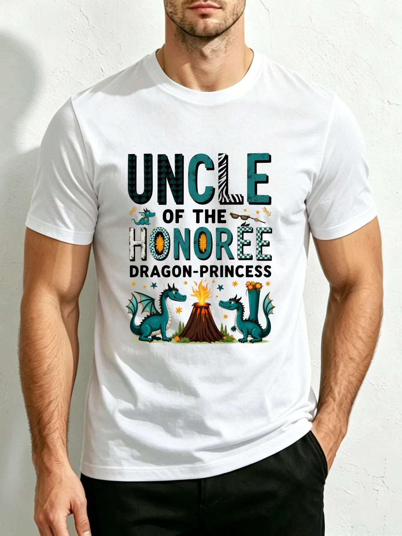 Dragon-Themed Honorary Dragon Princess Men's Crew Neck T-Shirt, Loose Fit, Pure and Stylish, Versatile, Soft and Comfortable Fabric, Suitable for Daily Wear and Holiday Gifts, Ideal for Family Celebrations, Birthday Parties, and Special Occasions, Features a Playful Dragon and Volcano Design, Perfect for Men Who Enjoy Fantasy and Whimsical Art