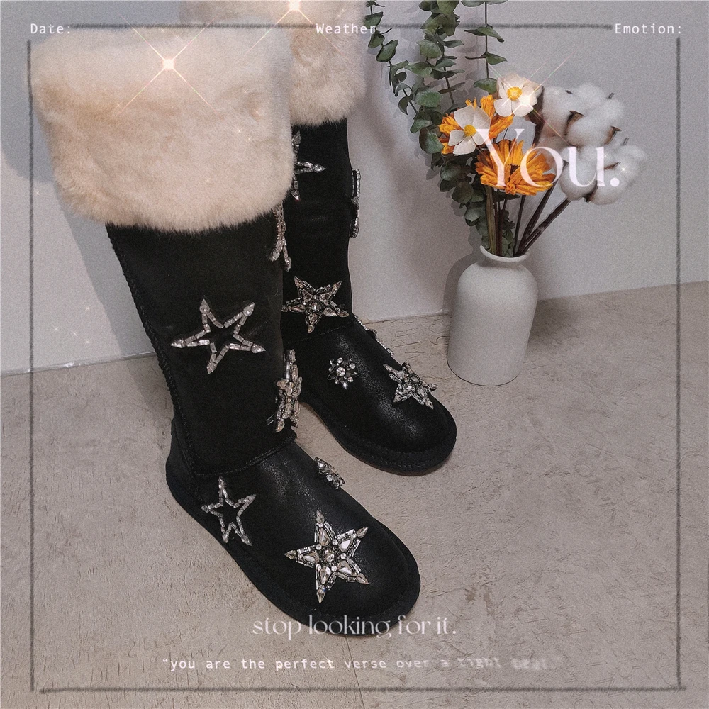 

Bling Bling Diamond Crystal Pentacle High Top Snow Boots Polish Leather Wool Fur Patchwork Plush Fur Glitter Winter Long Boots