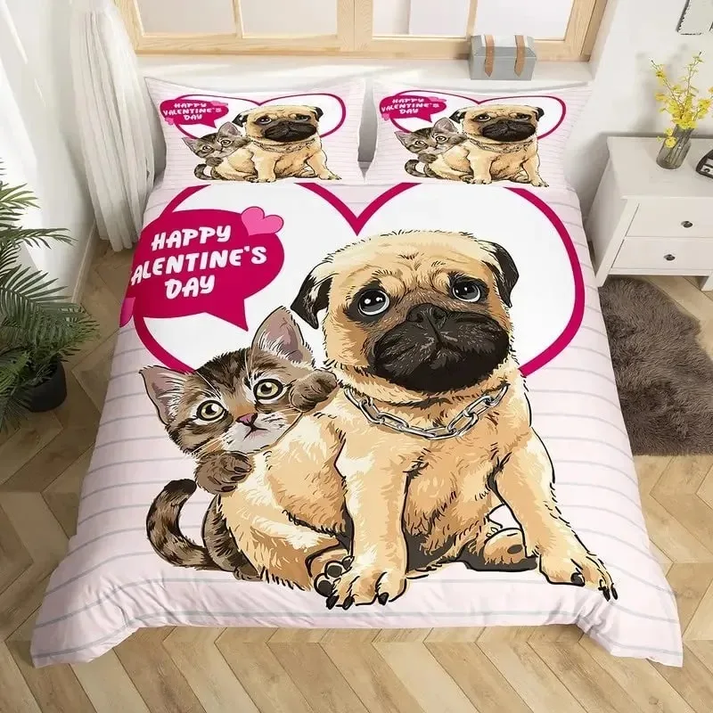 

Cat and Dog Duvet Cover Set Pug Bedding Set Kawaii Puppy Animal Comforter Cover Valentine's Day Love Heart Wedding Quilt Cover