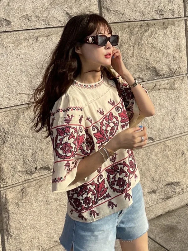 

Dongda Gate 2025 Ретро Этническая Тяжелая Вышивка Круглый Ne ort Sve Женский irt Французский Sle Свободный крой 00%