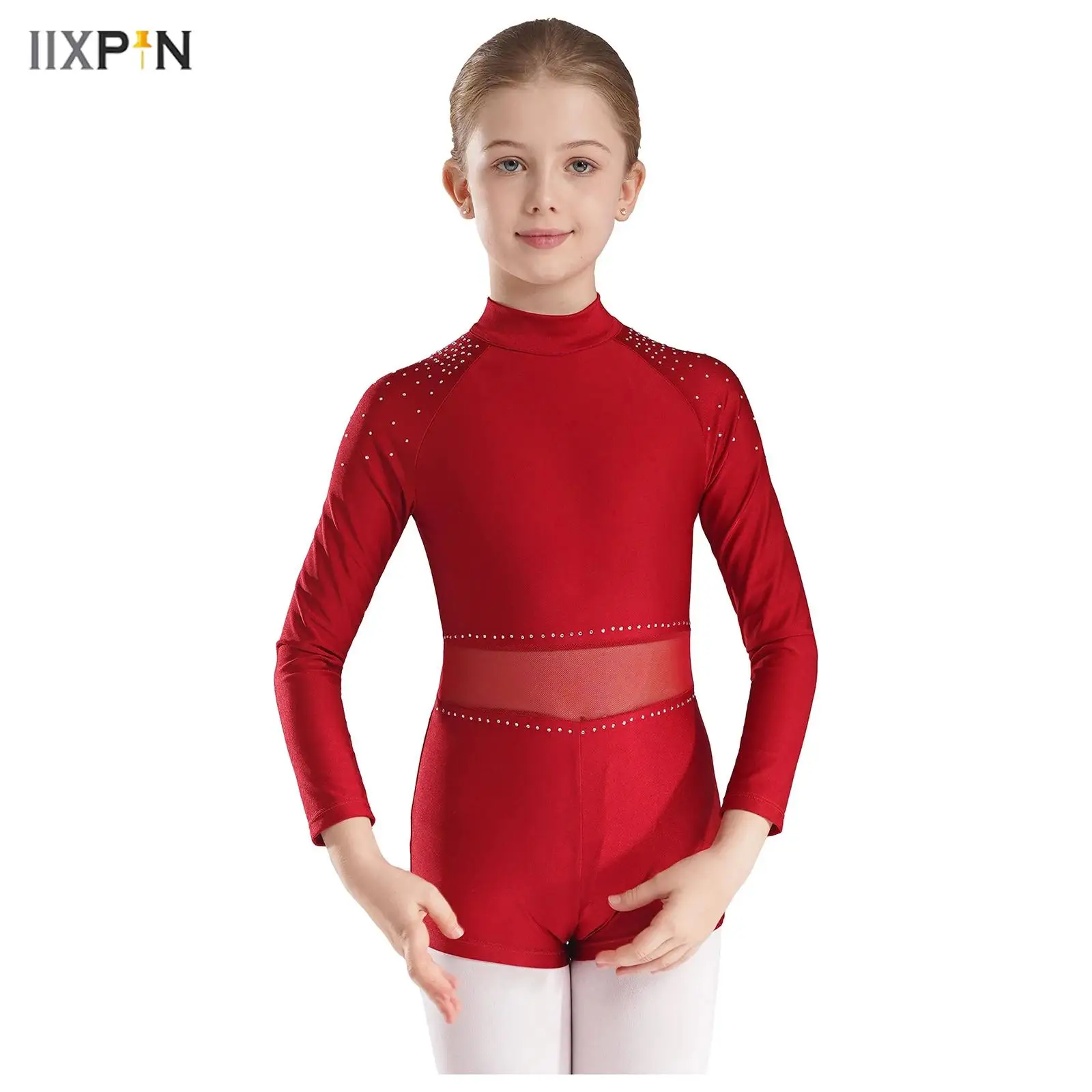 

Kids Girls Figure Skating Gymnastics Dance Performance Bodysuit Glittery Rhinestones Long Sleeve Jumpsuit Ballet Dance Leotard