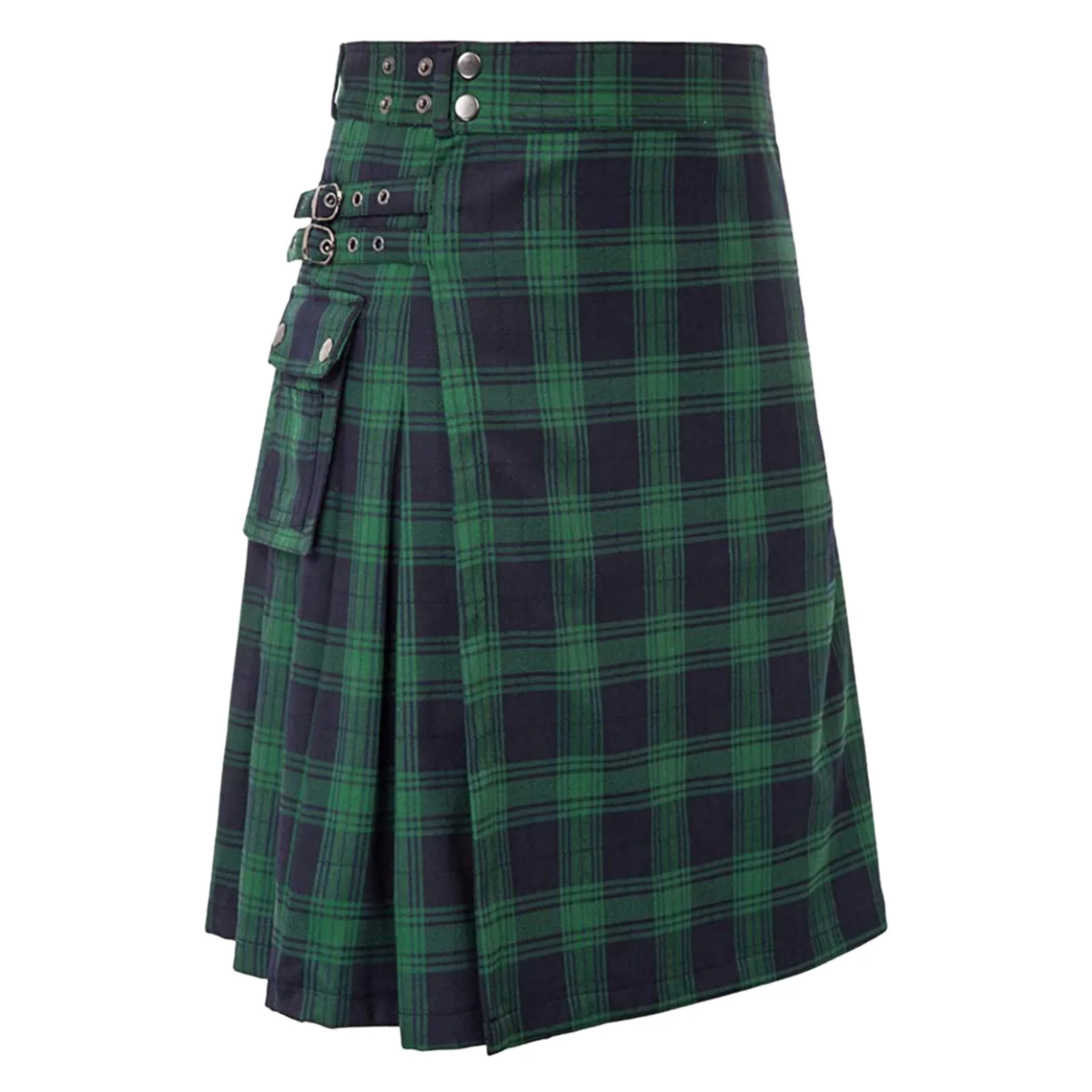 Men's Vintage Kilt Fashion Scottish Style Plaid Printed Contrast Color Pocket Pleated Skirt New Casual Scottish Clothing