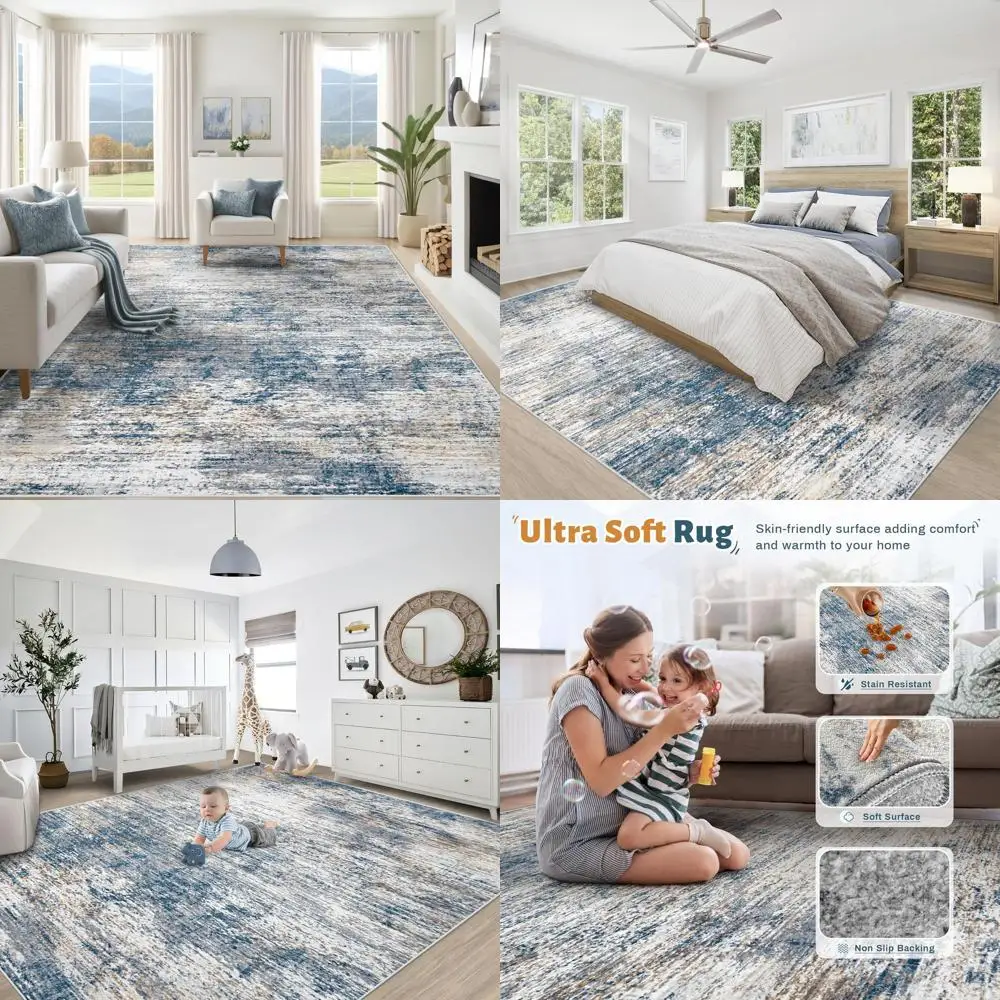 

8x10 Modern Abstract Area Rug - Washable, Stain Resistant, Non-Slip for Living Room, Bedroom, Dining Room, Playroom, Office (Blu