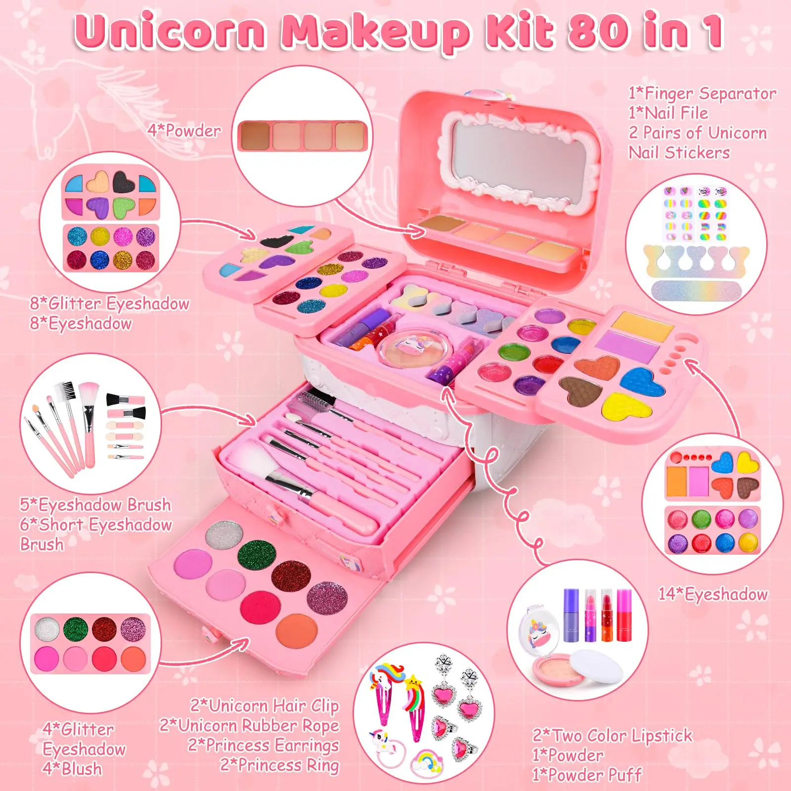 80 PCS Kids Makeup Kit for Girls 5 6 7 8 Years Old, Unicorn Girls Toy for Little Girls Birthday, Princess Dolls Dress Up Toy for