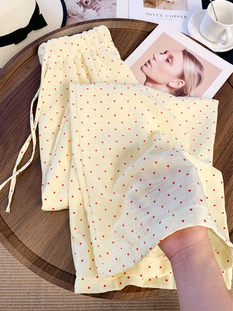 Zoki-pantalones de pierna ancha con estampado de dulce amor para mujer, pantalón informal, holgado, de cintura alta, moda coreana, con cordones, elegantes, novedad