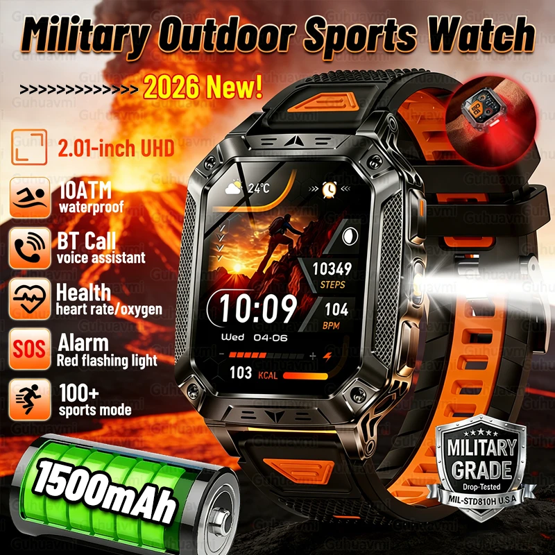 

2026 New 1500mAh Big Battery Smart Watch Men Outdoor LED Flashlight 10ATM Waterproof Bluetooth Call AMOLED HD Sports Smartwatch