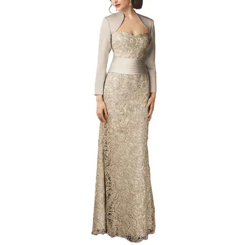 Elegant Champagne Lace Mother Of The Bride Dresses Long Sleeves Women Formal Prom Gown Sheath Wedding Party Evening Gowns