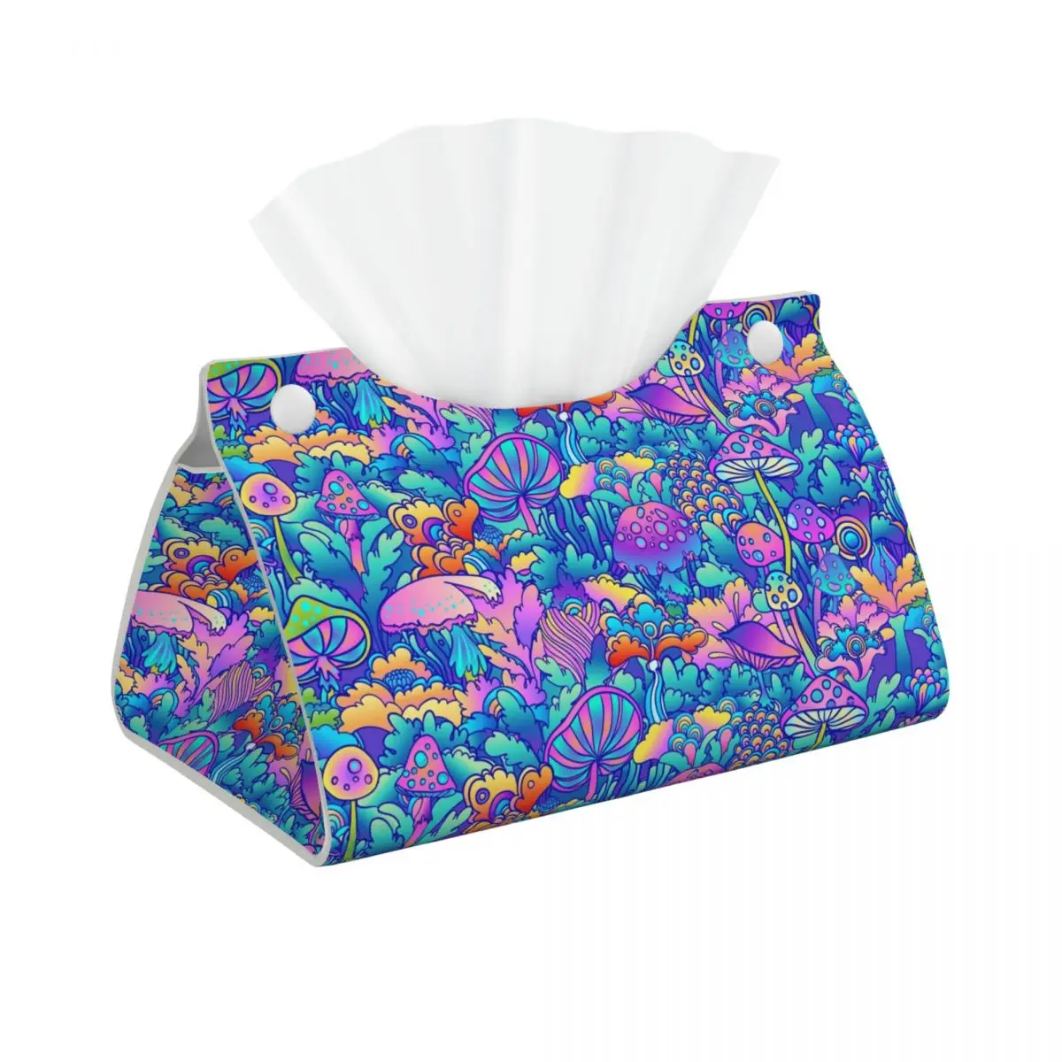 Custom Psychedelic Magic Flowers Snd Mushrooms Facial Tissue Box Cover Rectangular PU Leather Tissue Box Holder for Car Home