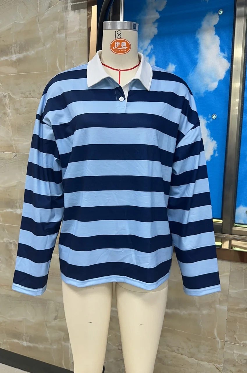 

Женская осенняя свободная футболка в полоску с принтом, толстовка с длинными рукавами и лацканами, повседневные топы