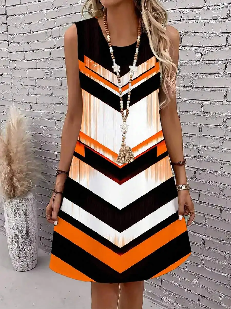 

Casual Sleeveless Round Neck Dress With Geometric Pattern For Women, Summer Beach And Party Wear