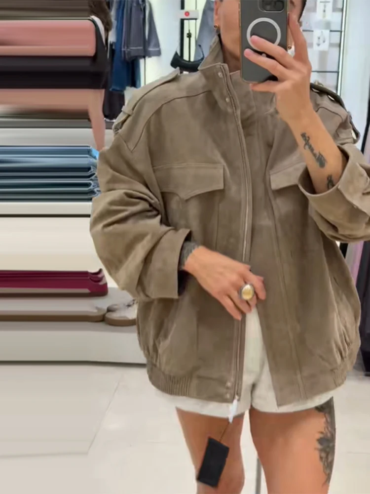 Outono inverno chique jaqueta de camurça falsa para mulheres gola manga cheia casaco com zíper bolso outwears 2025 novo feminino streetwears