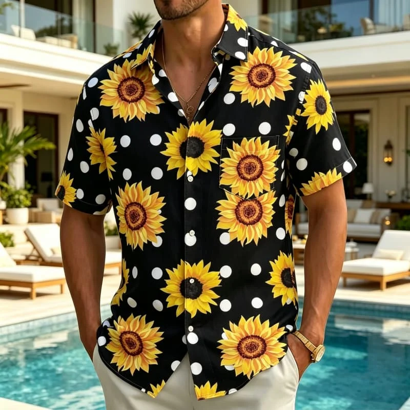 Men's Sunflower Print Vacation shirt, Short Sleeved Shirt With pockets, For Outdoor Activities And Romantic Floral aesthetics.