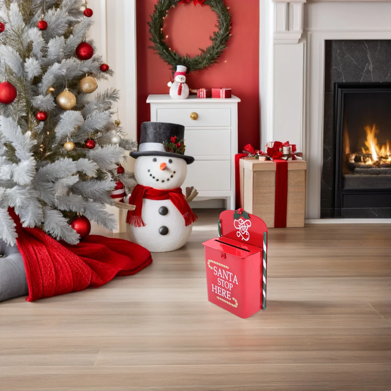 

Metal Santa Mailbox Red Wall Mount Christmas Letter Box Vintage Hanging Post Box Santa Stop Here Festive Kids Gift Decor