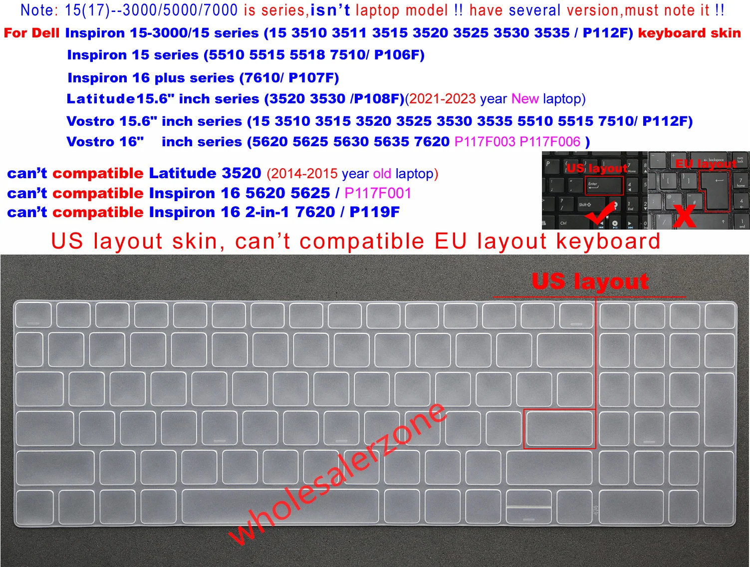 US Keyboard Protector Skin For Dell Inspiron 15 3510 3511 3515 3520 3525 3530 3535 P112F 5510 5515 5518 7510 P106F 7610 P107F