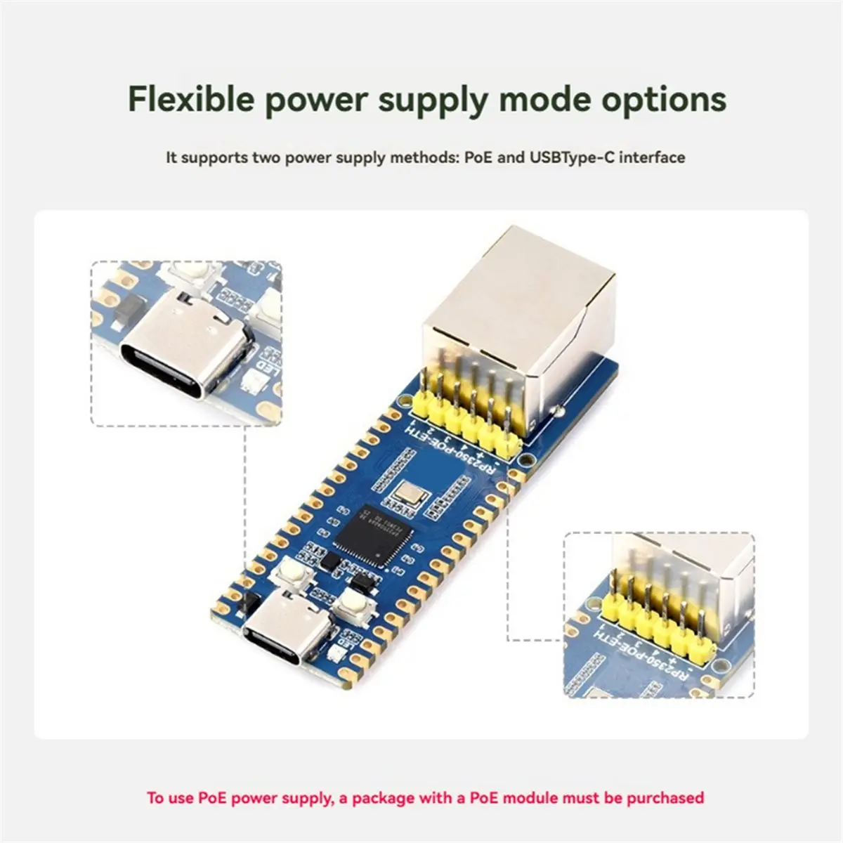 RP2350A POE-ETH Development Board Dual-Core Dual-Architecture W6300 Ethernet RJ45 100Mbps Port Supports PoE Module