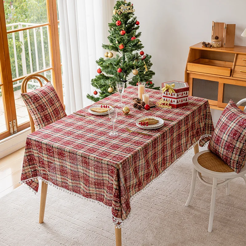 Christmas retro red plaid snowflake tablecloth hairball tassel British plaid dining table cloth festive atmosphere