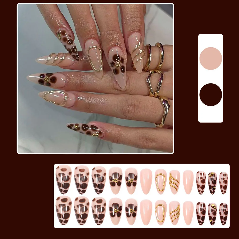 24PCS Press On Acyrlic Nails Leopard Flower Design Fake Nails Long Almond 3D Golden Stripes Decor French False Nails Removable