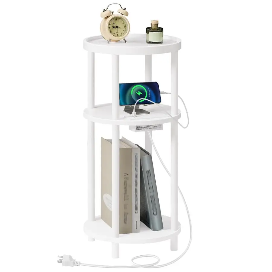 

Маленький круглый приставной столик с зарядной станцией, 3-уровневый круглый бамбуковый столик, компактный прикроватный столик для дивана, для небольших помещений, простая сборка