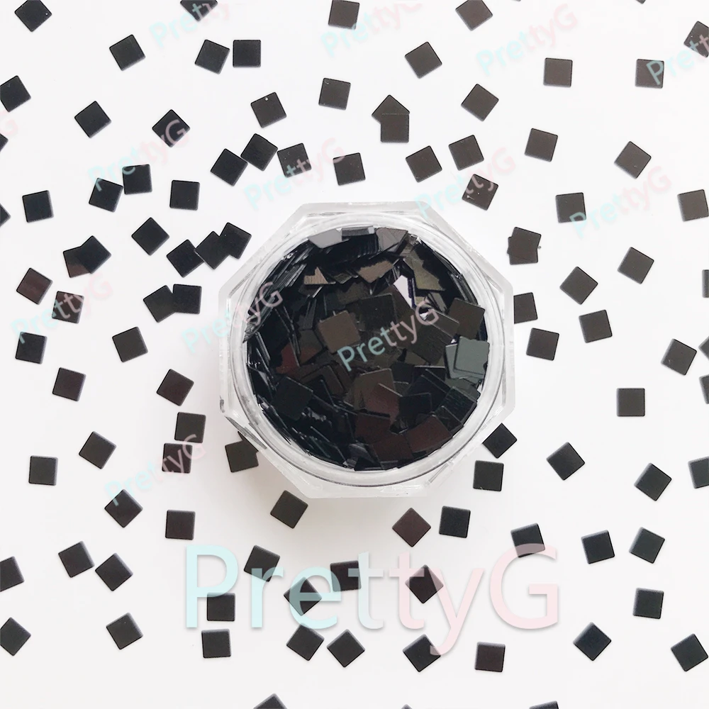 PrettyG Atacado 3mm Pequenas Formas Quadradas Glitter Espelho Preto Lantejoulas Glitter Para Arte Artesanato Prego Maquiagem Decoração Acessórios