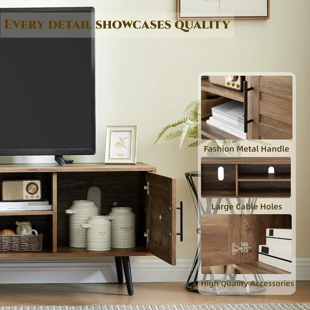 حامل تلفزيون حديث لمنتصف القرن مقاس 65 بوصة، حامل تلفزيون خشبي مع خزانة تخزين ورف مفتوح للتلفزيونات حتى 65 بوصة، ترفيهية #4