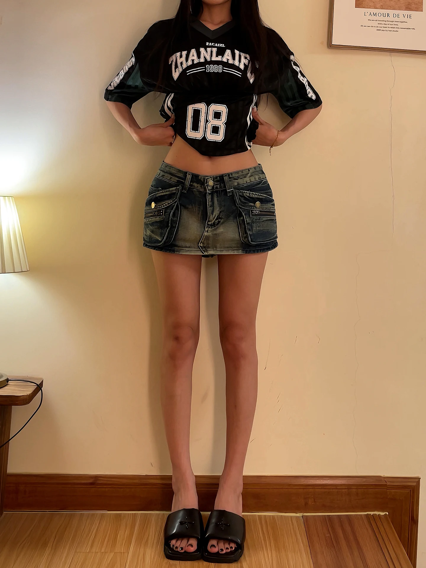 DoubleD American Retro Spicy Girl Washed out Heavy Duty Denim Shorts Women's Workwear  Skirt High Waist Cotton Blend