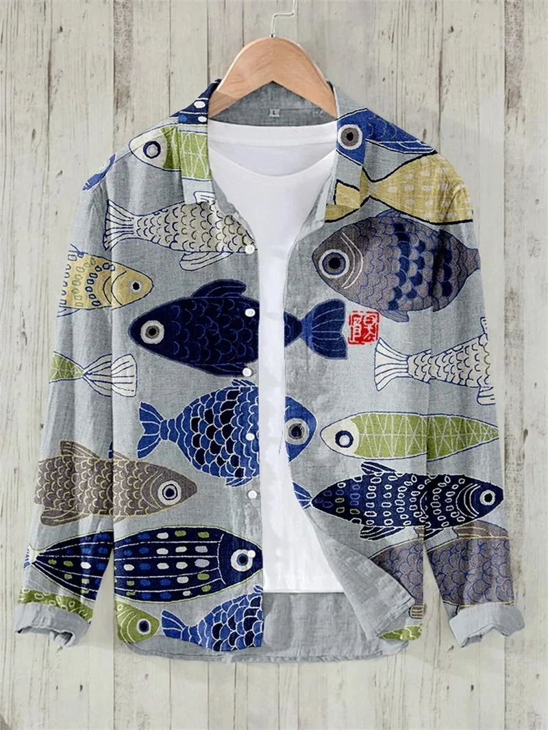 Fashionable men's top shirt men's linen shirt collar high-quality flying fish 3D pattern men's casual shirt plus size