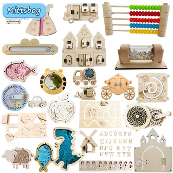 2024 Baby DIY Montessori Busy Board Wooden Accessories Castle Animal Letters Number Movement Educational Toys For Children Gifts
