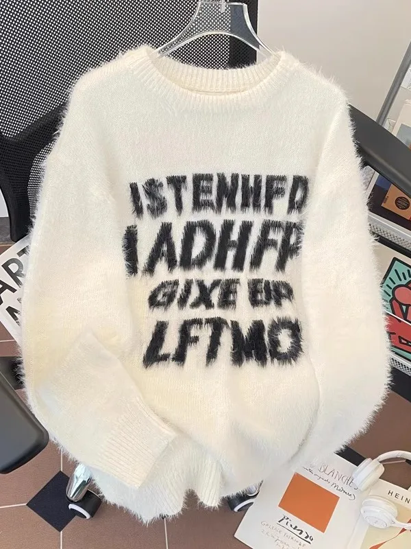 

American Sle Heavyweight Squirrel Velvet Sweater Loose round Ne Letter Embroidery Couple Knitted irt Autumn Winter Lazy...