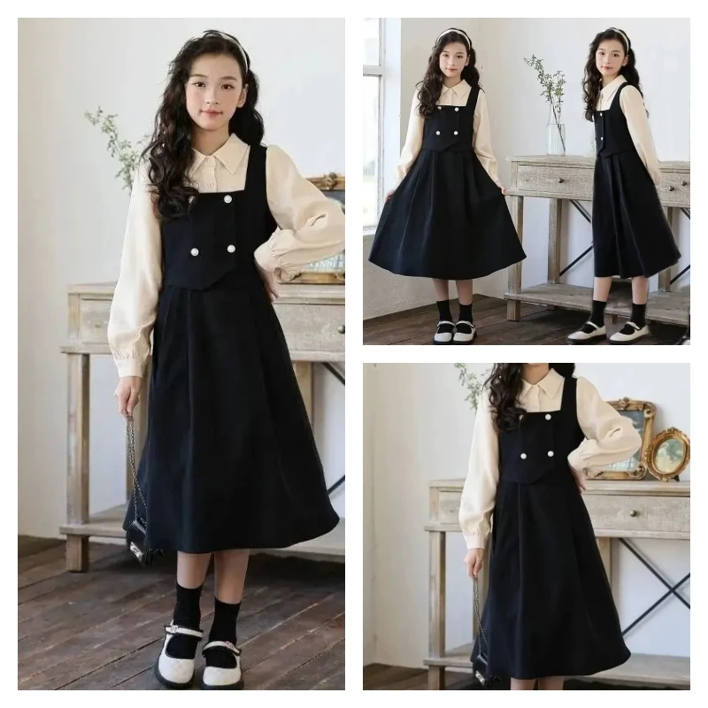 

Лидер продаж, модные топы для девочек, платье, студенческая весенне-осенняя повседневная рубашка с лацканами, юбка трапециевидной формы, ложная детская одежда из двух предметов, новая