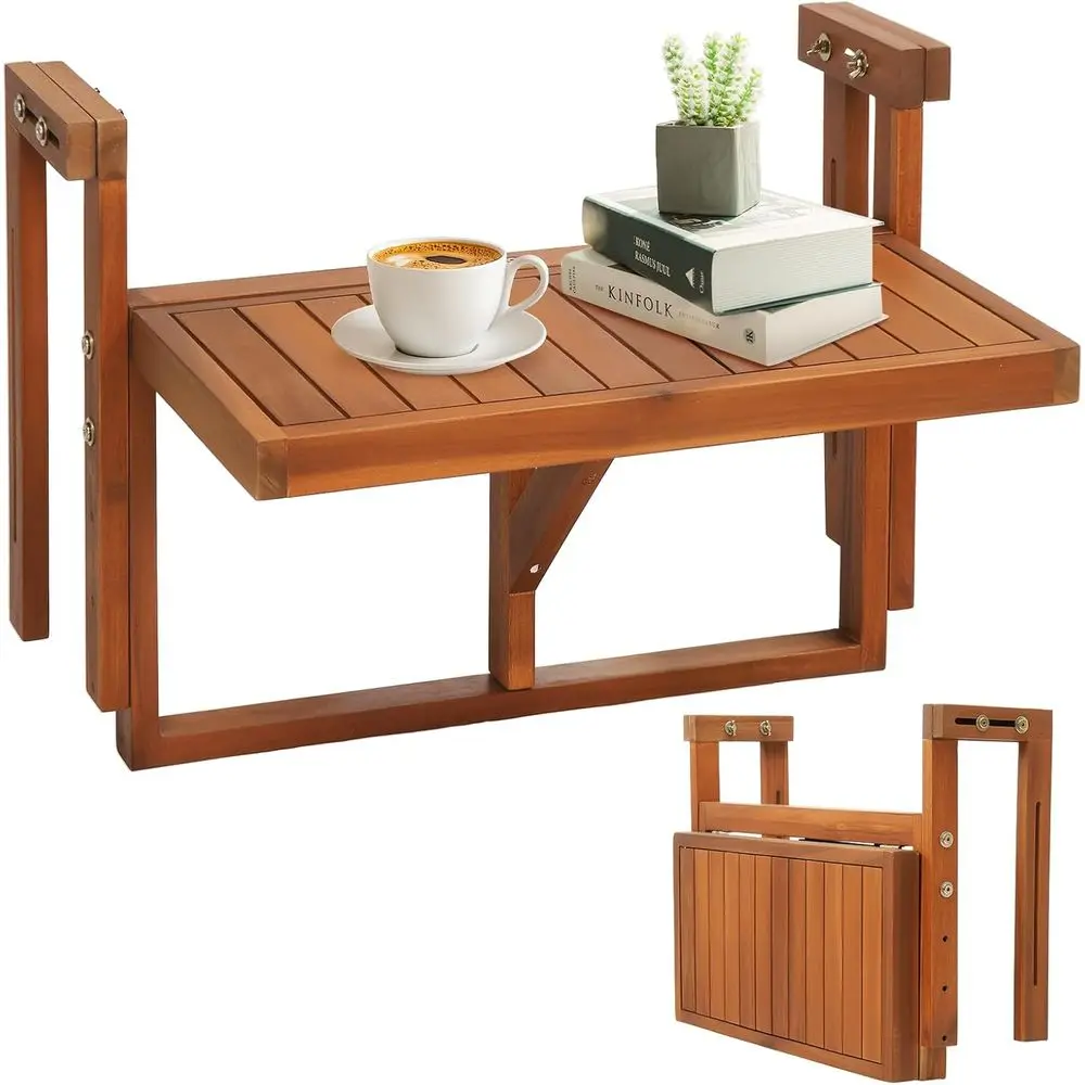 22in Acacia Wood olding Balcony Hanging Table – Adjustable Height & Width, Balcony Railing Table Ideal or Dierent Railing Widths