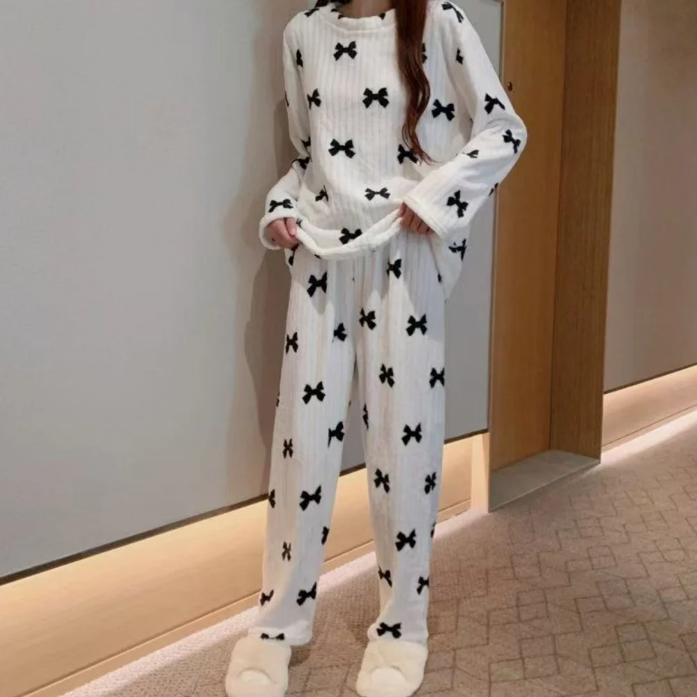 Women\'s Pajamas Set Winter Sleepwear O-neck Loose Long Sleeve Top Elastic Waist Leg Pant Sets Trousers Plus Size Matching Sets
