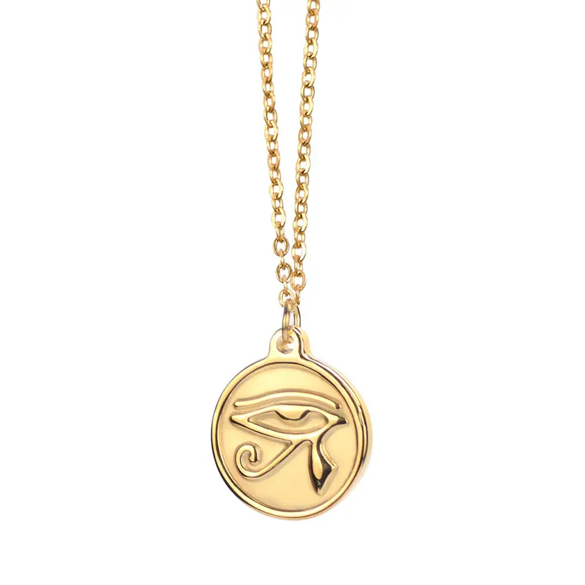 Classic Egyptian Eye of Horus Pendant Stainless Steel Gods Horus Ra Eye Necklace 18K Gold Plated Coin Charms Link Chain Jewelry