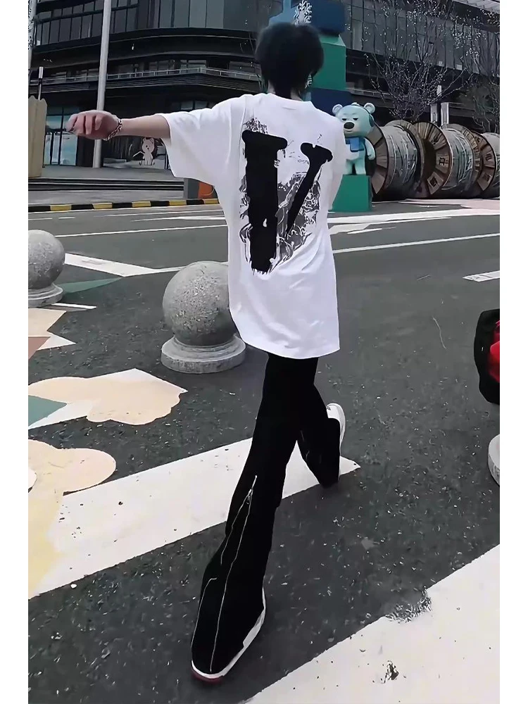 

American High Street Vibe Men's Slim Fit Summer Thin Jeans Zipper Design Straight Leg Micro Flared Pants Youth Fashion