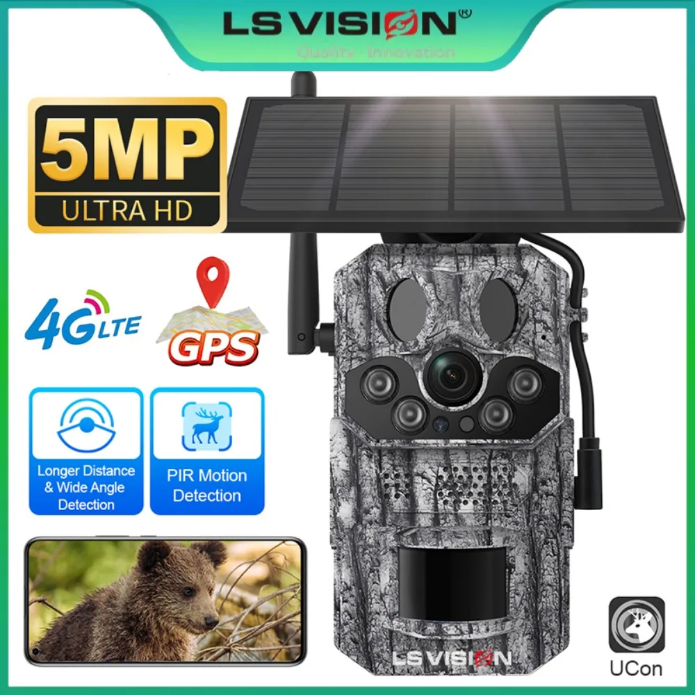 LS VISION 4G 12MP Akku LTE Solar-Trailkamera PIR-Bewegungserkennung 0,2s Auslösezeit Nachtsicht IP66 GPS Solar-Wildtier-Jagdkamera