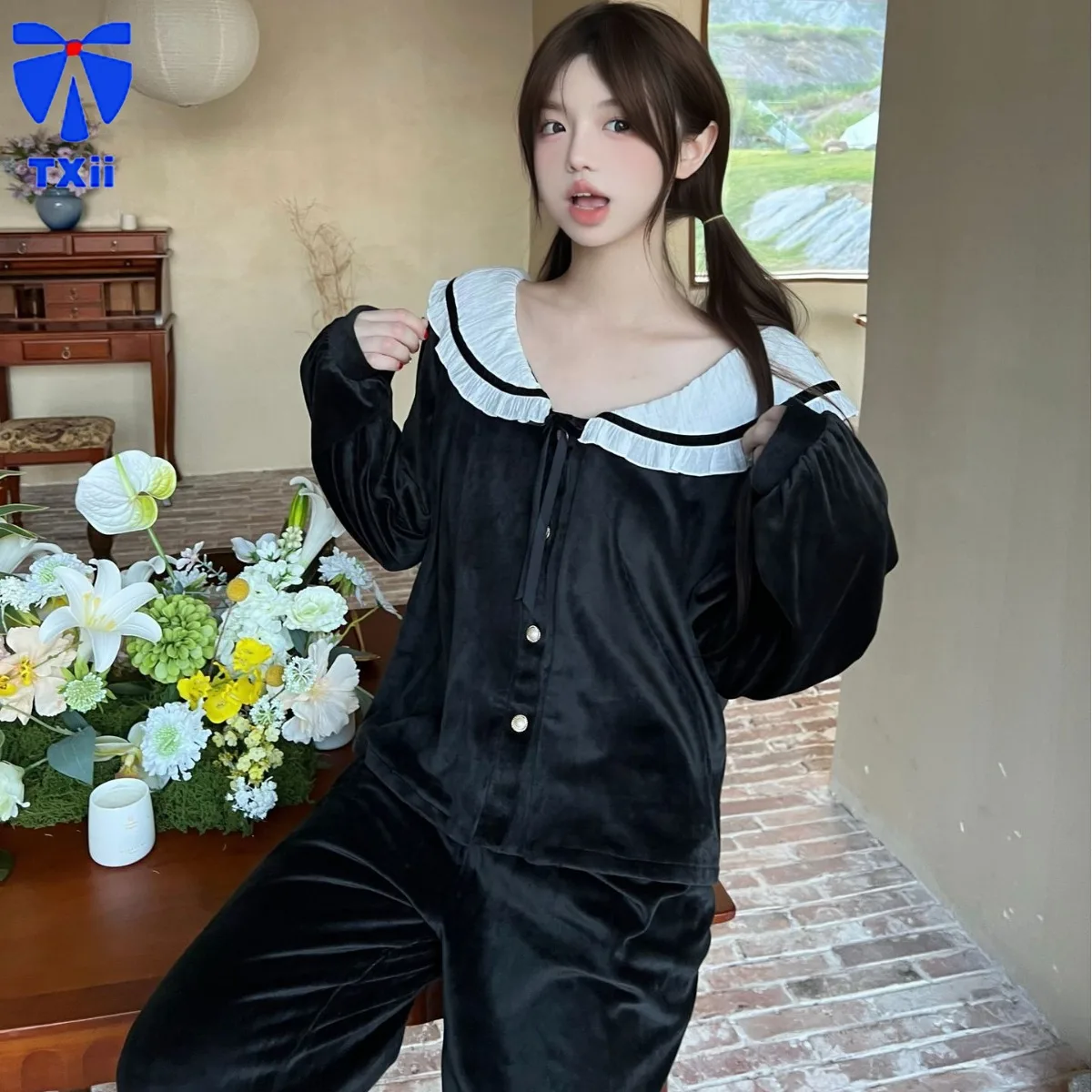 French Style Palace Style Pajamas Women's Autumn and Winter New Island Velvet Sweet Princess Style Outfit Two-Piece Home Clothes