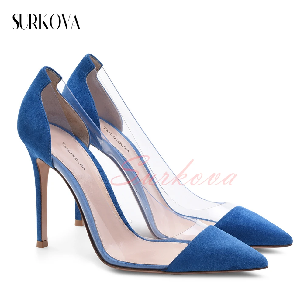 

Pvc Patent Leather Stitching Side Empty Transparent Pumps Pointed Toe Stilettos for Women Thin Heels Shoes Ladies Commuter Shoes