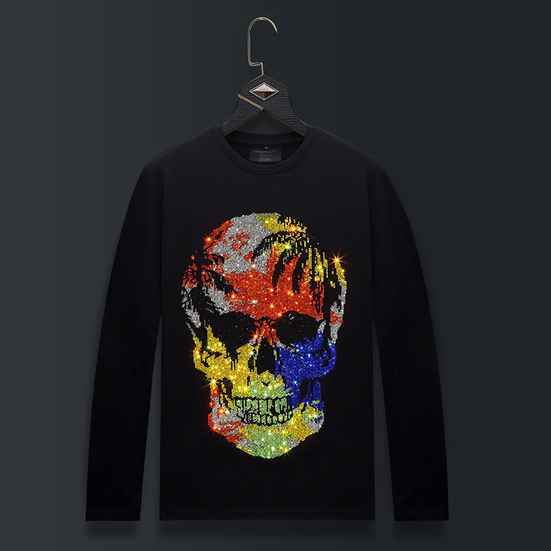 Plus Size Colorful Rhinestones Skull T Shirts Men Fashion Streetwear O Neck Long Sleeve Slim Modal Cotton Tshirts Mens Clothing