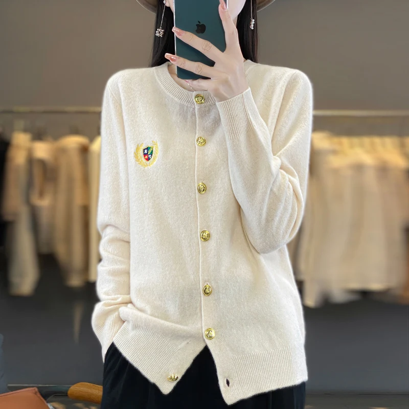 Knitted Sweater Cardigan Women\'s 24 Autumn Winter College Style Contrasting Color Badge Embroidery Slim Fit Jacket 100% Wool Top