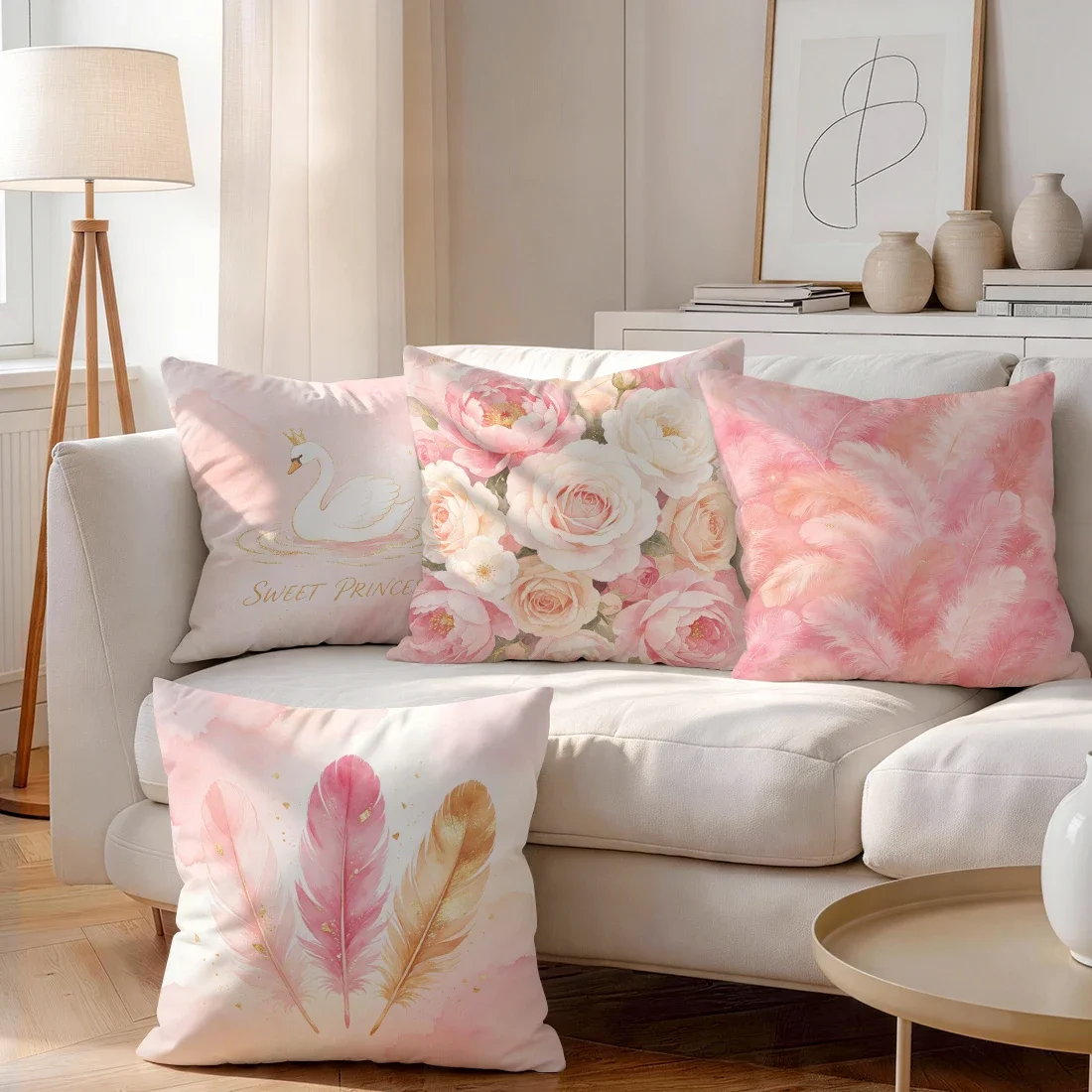 1/4pcs Pink Gold Swan Feather Cushions Pillowcase Polyester Cushion Cover Throw Pillow Pillowcover Home Car Sofa Decor