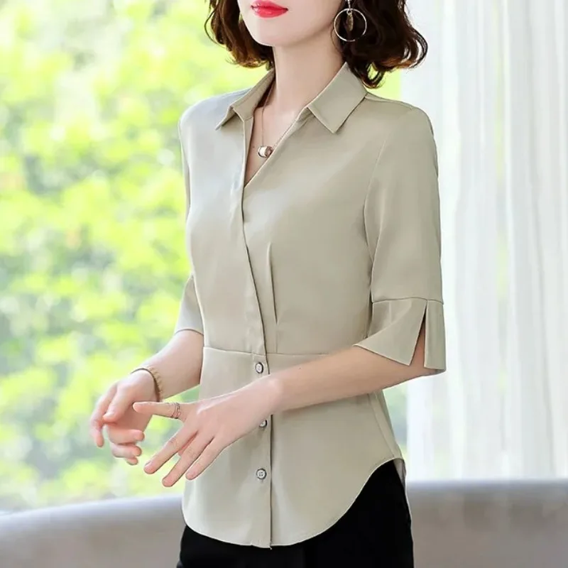 Spring Summer Women\'s Clothing Turn-down Collar Solid Color Pullover Button V-Neck Half Sleeve Shirt Elegant Fashion Tops