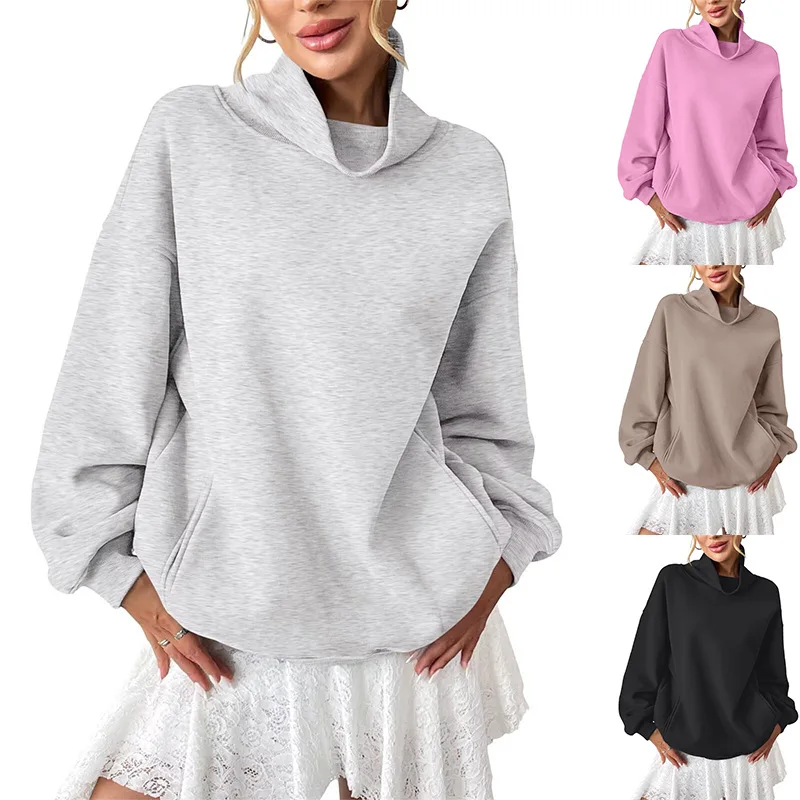 Women's 2026 New Loose Fleece Threaded High Neck Long Sleeve Pullover Sweater Women